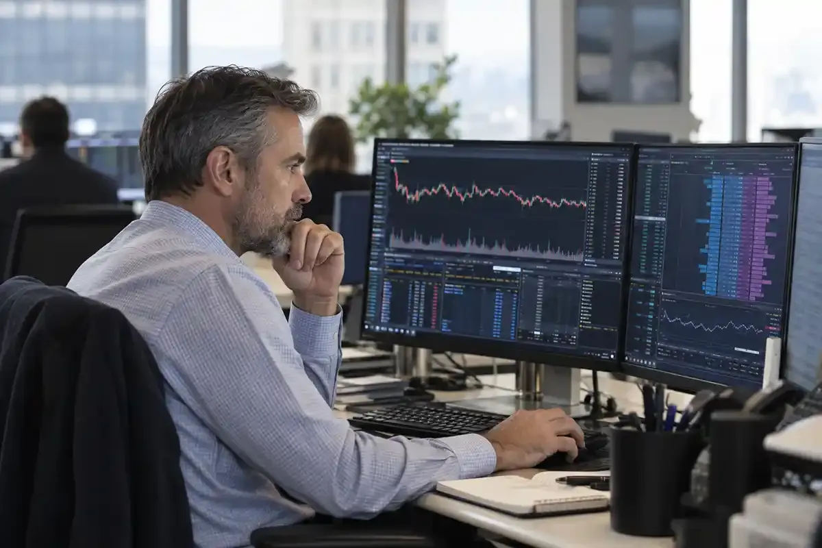 Execution analyst monitoring live market depth and order activity across several office screens