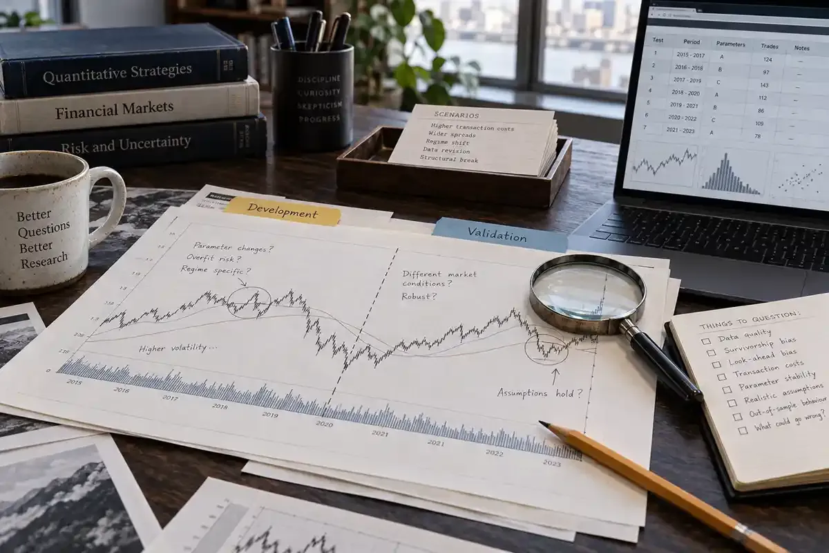 Real research desk with historical chart printouts, laptop test report, coloured timeline markers and a magnifying glass
