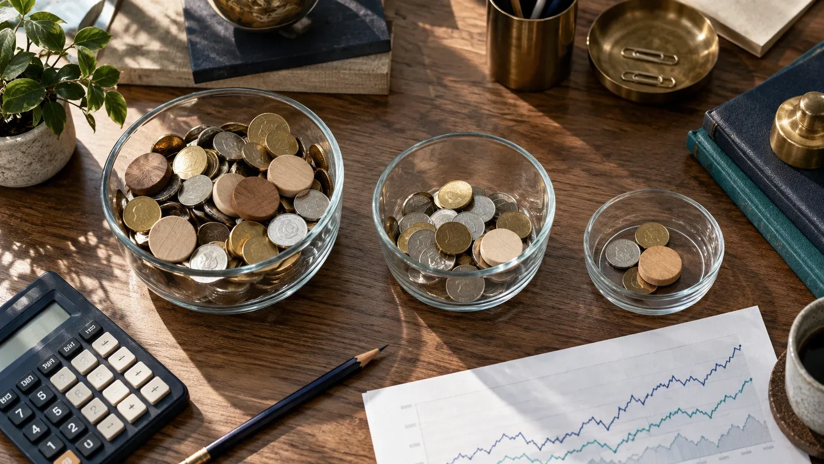 Three glass vessels holding different amounts of coins and wooden tokens on a real analyst desk with a calculator and printed chart