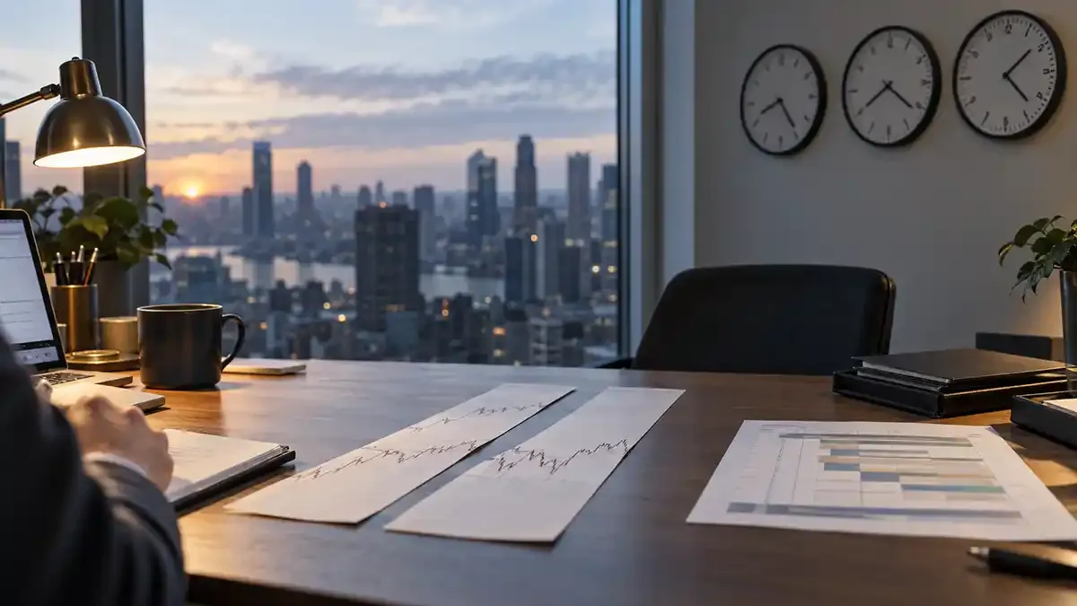 Market operations desk at dawn with three clocks and separated paper price strips
