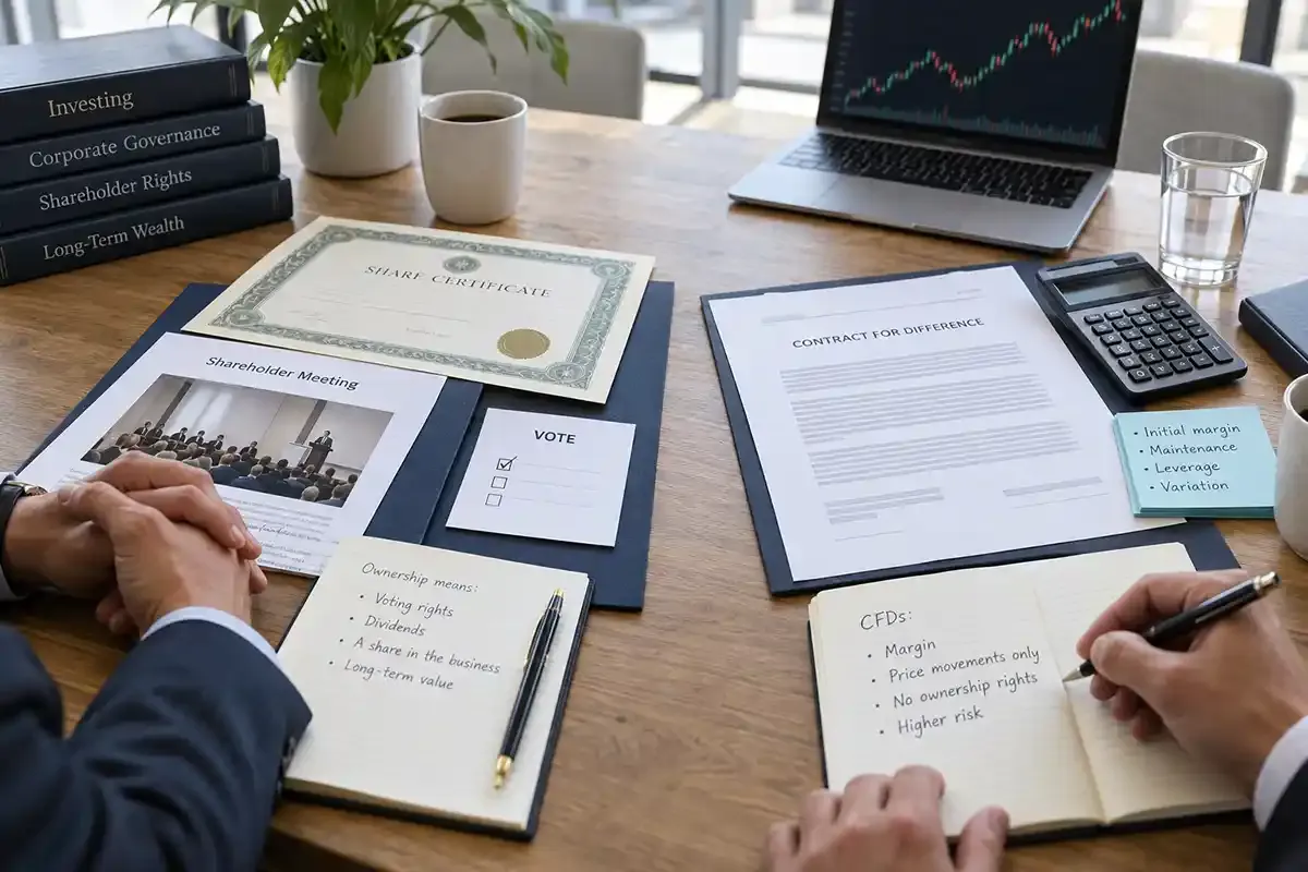 Real meeting table comparing shareholder papers and a voting card with a derivative contract and calculator