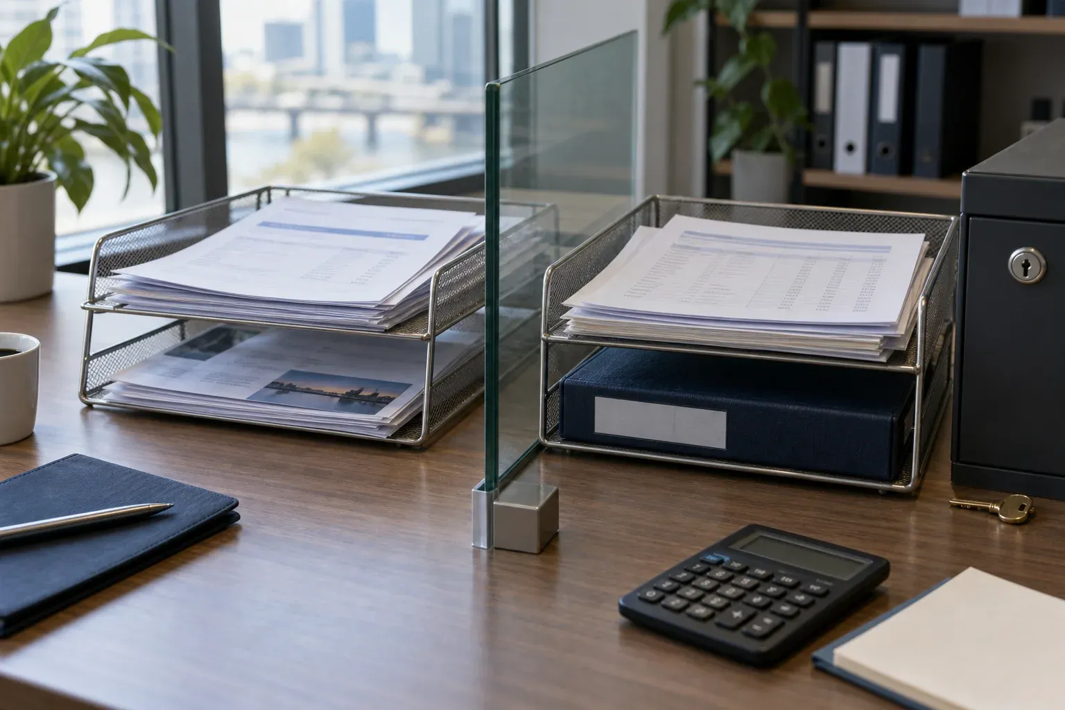 Separate document trays divided by glass beside a calculator, locked file box and key on a real daylight office desk