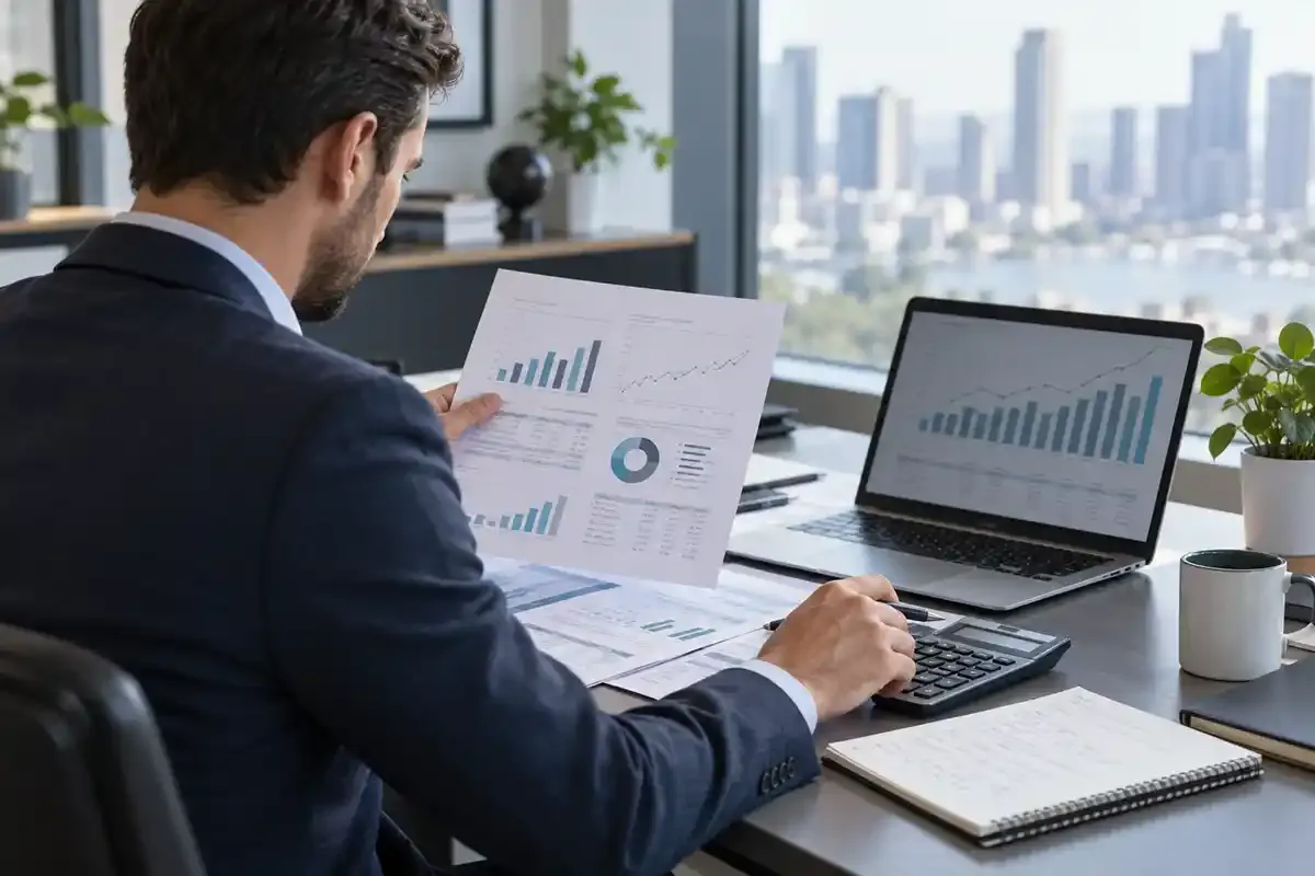 Professional analyst in a real office reviewing printed financial statements and charts