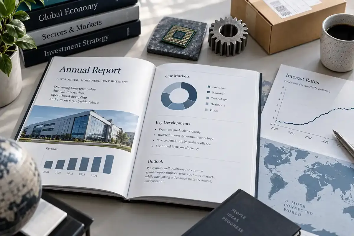 Editorial desk with an annual report, sector objects, global map and interest-rate chart