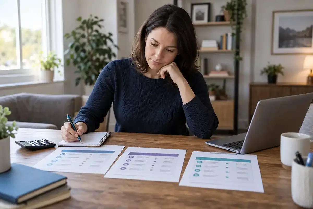 Investor comparing three printed trading account summaries beside a laptop and calculator