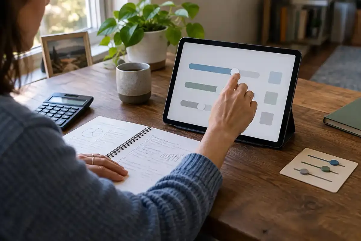 A hand adjusting a tablet control beside a notebook and calculator in a real home office