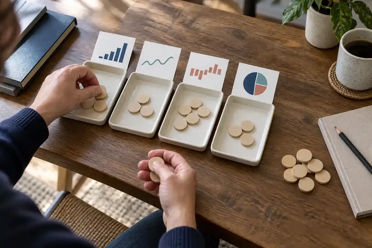 Real editorial scene showing hands distributing neutral wooden tokens across several labelled-free portfolio trays on a table