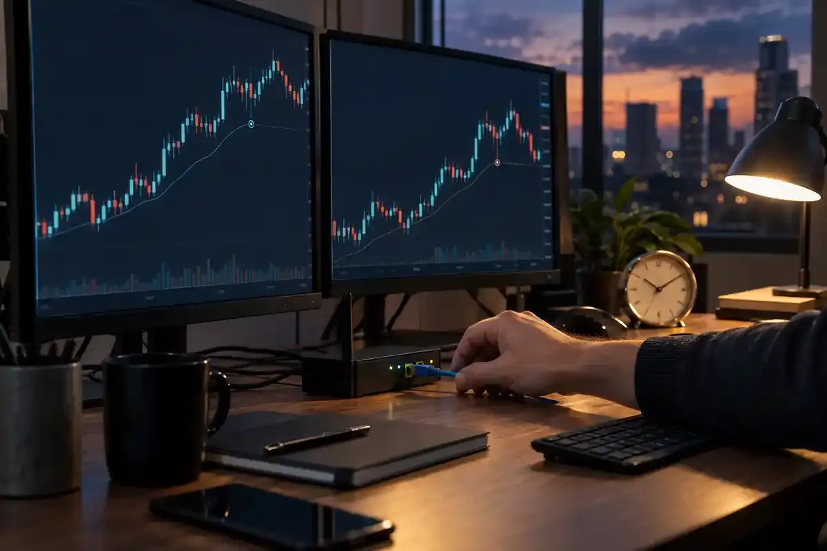 Real evening trading workspace with two ordinary monitors showing slightly different generic charts, a network router, ethernet cable and analogue clock