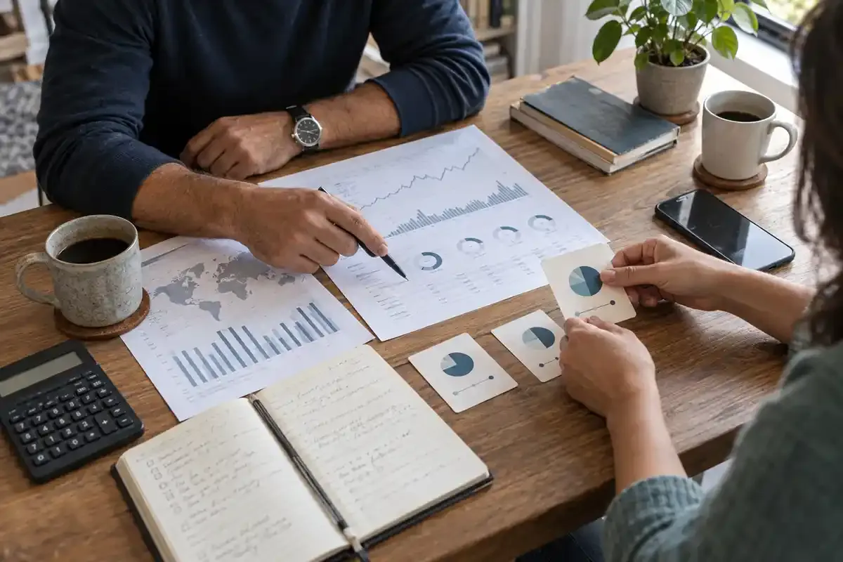 Real editorial meeting scene with two people reviewing printed market charts and arranging provider and follower cards on a wooden table