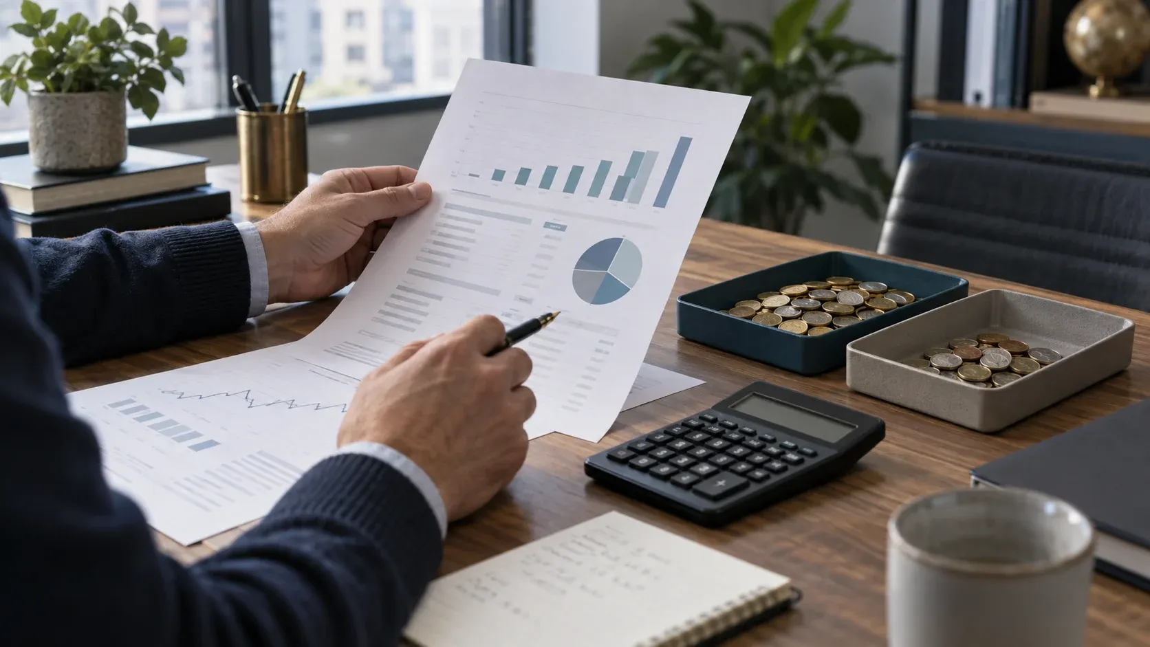 A person reviewing an unbranded fee statement beside a calculator and two trays of coins on a real accounting desk