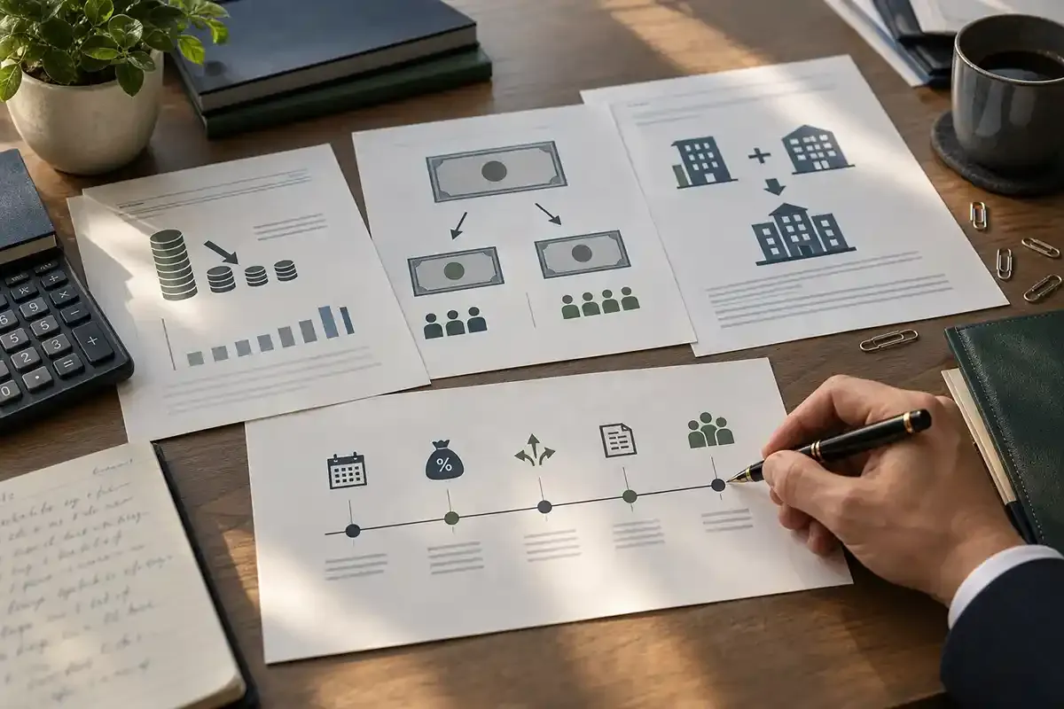 Real desk with dividend notice, calculator, merger paperwork and a hand reviewing a generic corporate-action timeline