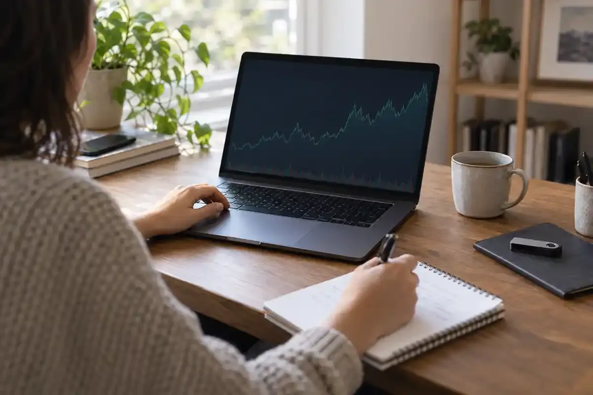 Learner reviewing an unlabelled market chart on a laptop with a separate hardware wallet-shaped object nearby