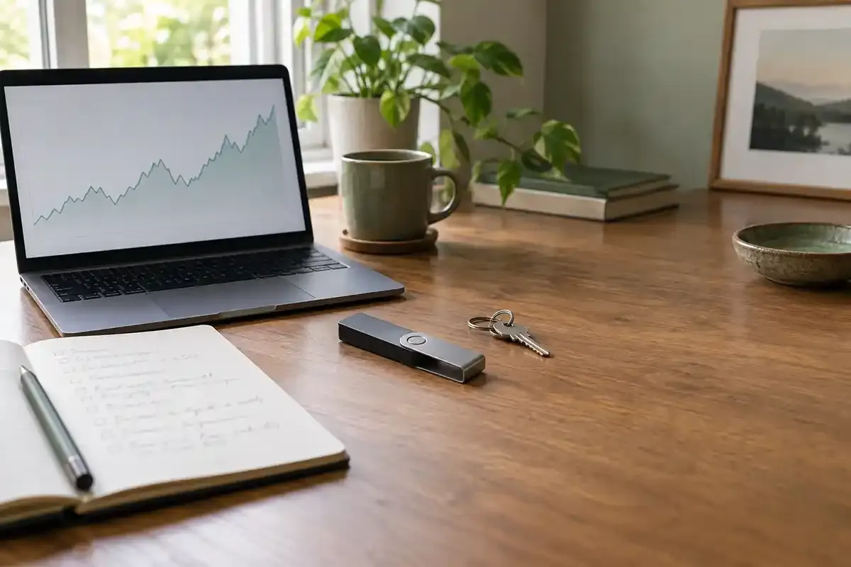 Hardware wallet, keys and a market chart arranged on a real home-office desk