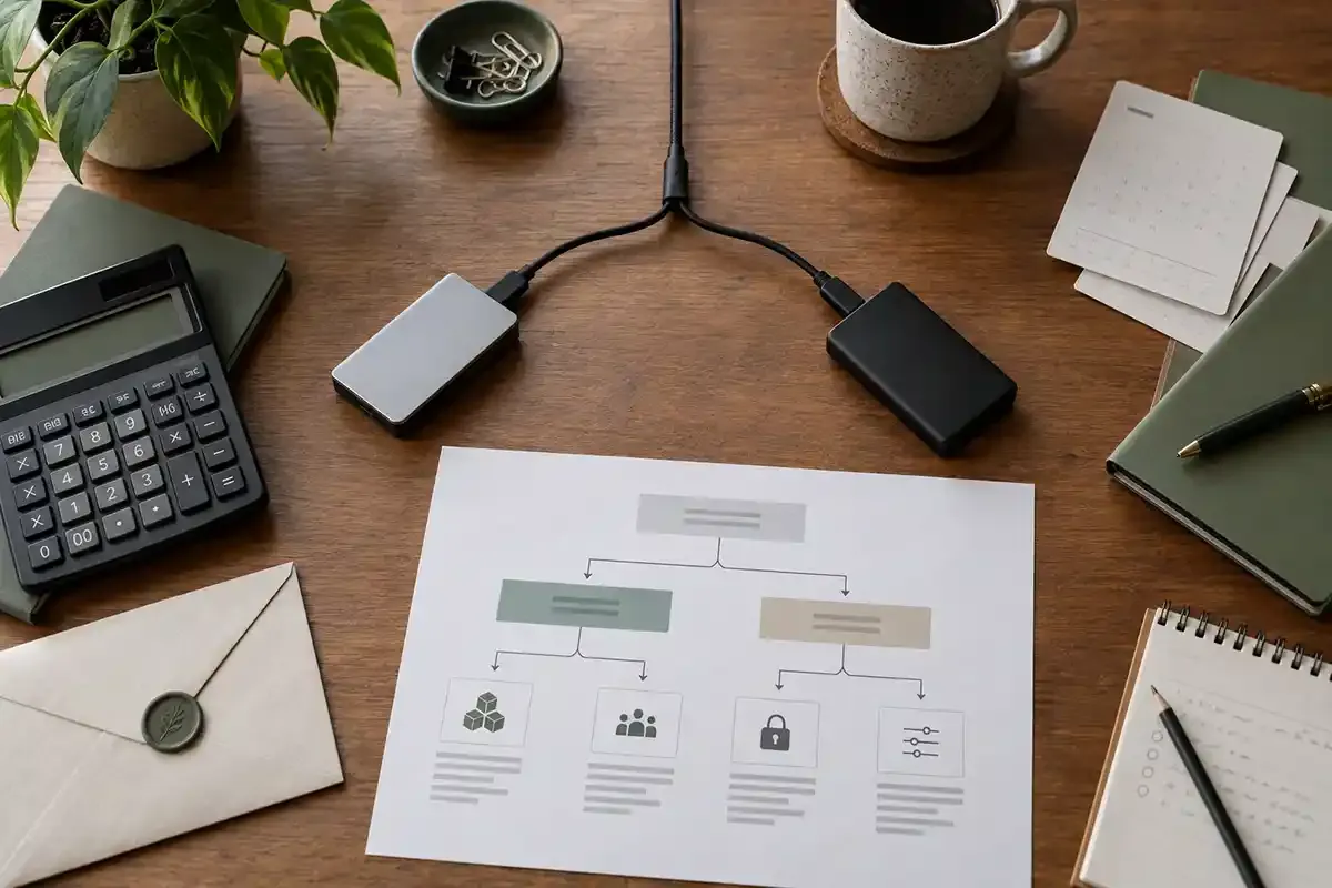 Real desk with branching cables, hardware devices and a printed decision diagram