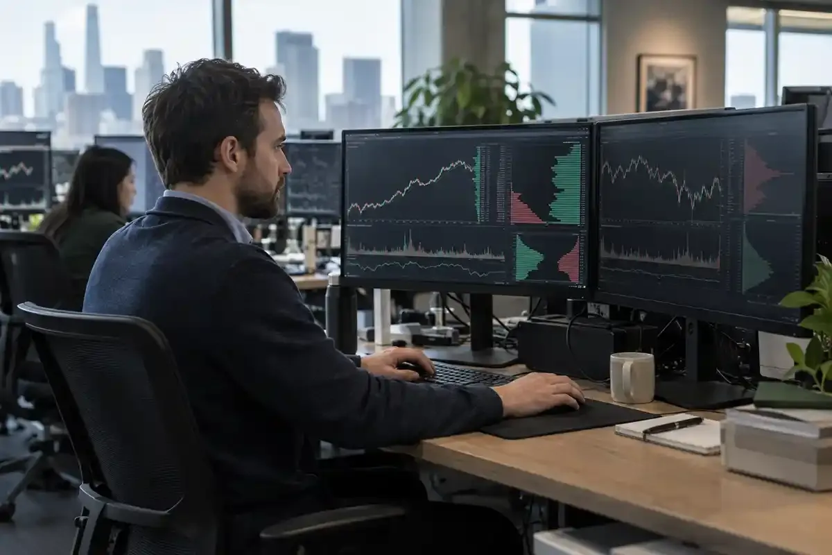 Analyst at a real office desk comparing market depth across ordinary monitors