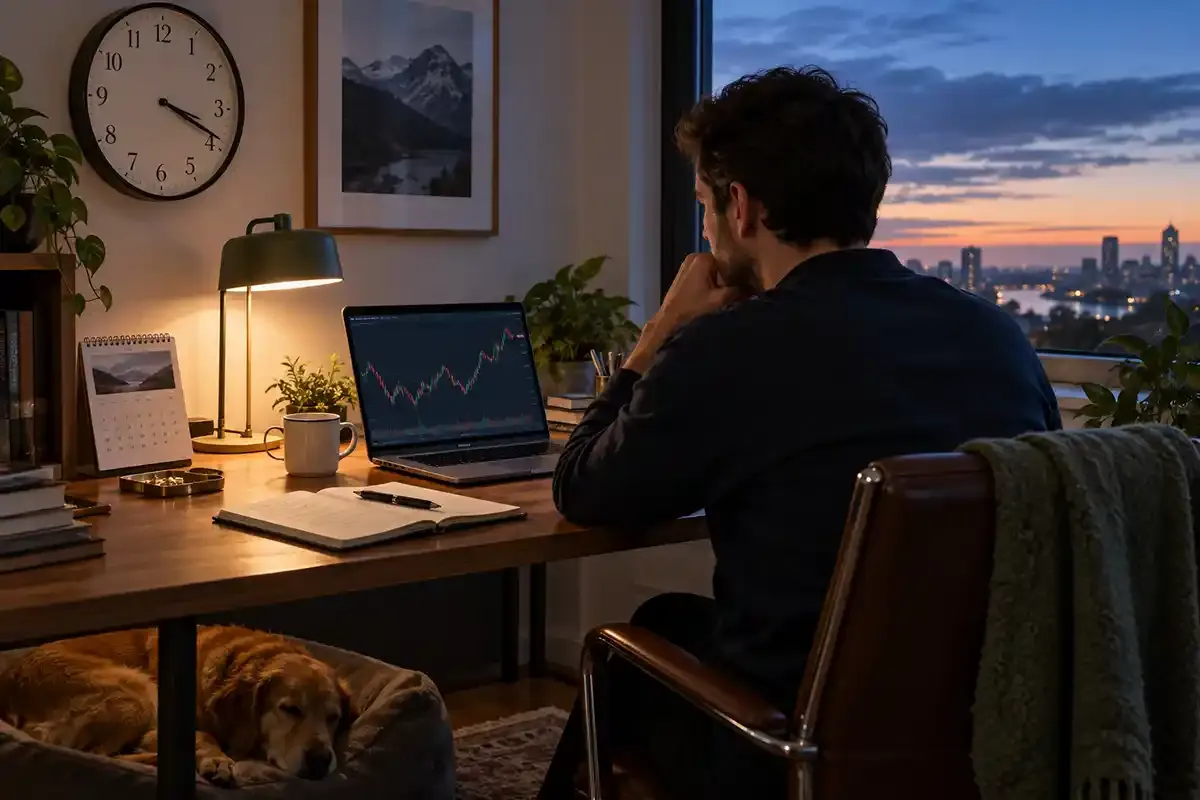 Trader at a real evening home workspace with a wall clock, calendar and market chart