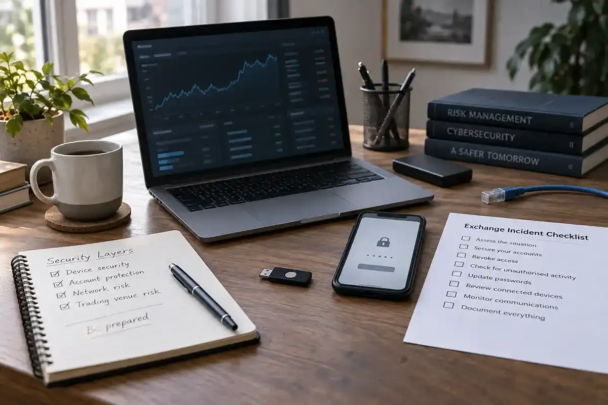 Real office desk with a laptop, security key, phone, network cable and incident checklist