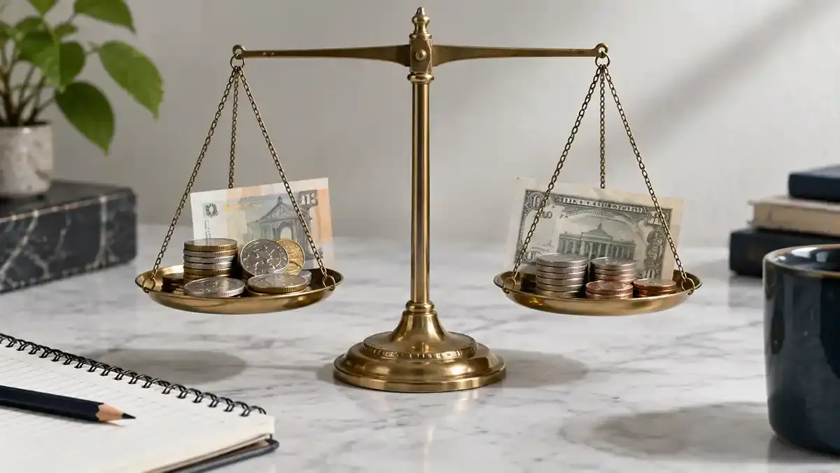 Two groups of currency notes and coins balanced on a real brass scale
