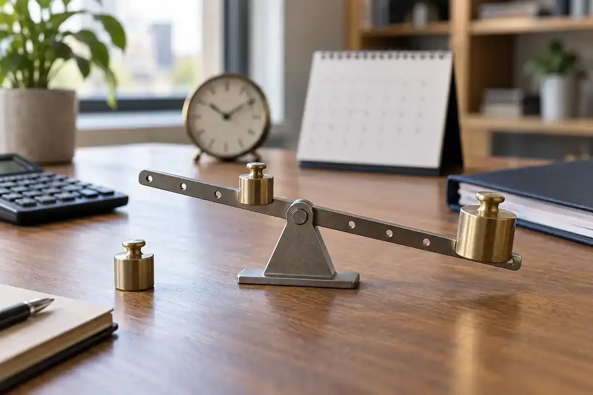 Real office desk with an adjustable metal balance lever, brass weights, an analogue clock, calculator and softly blurred calendar