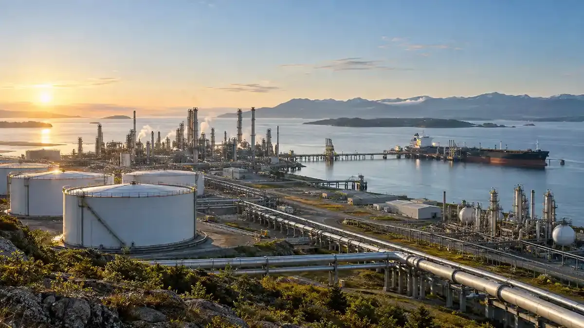Real coastal energy corridor with storage tanks pipelines refinery and tanker at sunrise