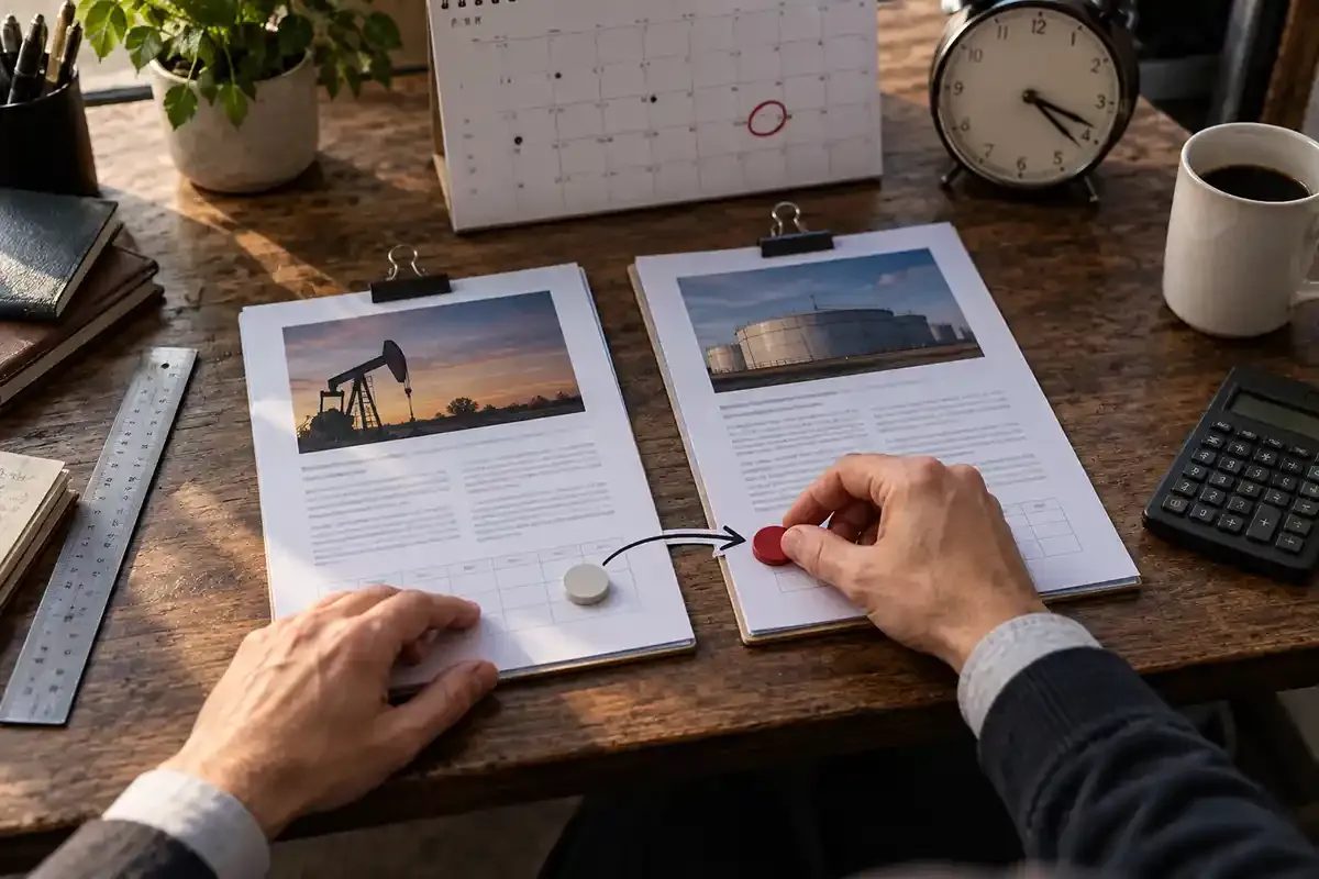 Hands moving a marker between commodity contract sheets beside a paper calendar and analogue clock