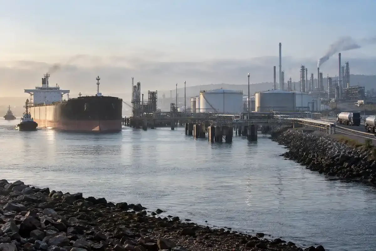 Oil tanker arriving at a coastal terminal connected to storage tanks, pipelines and a refinery