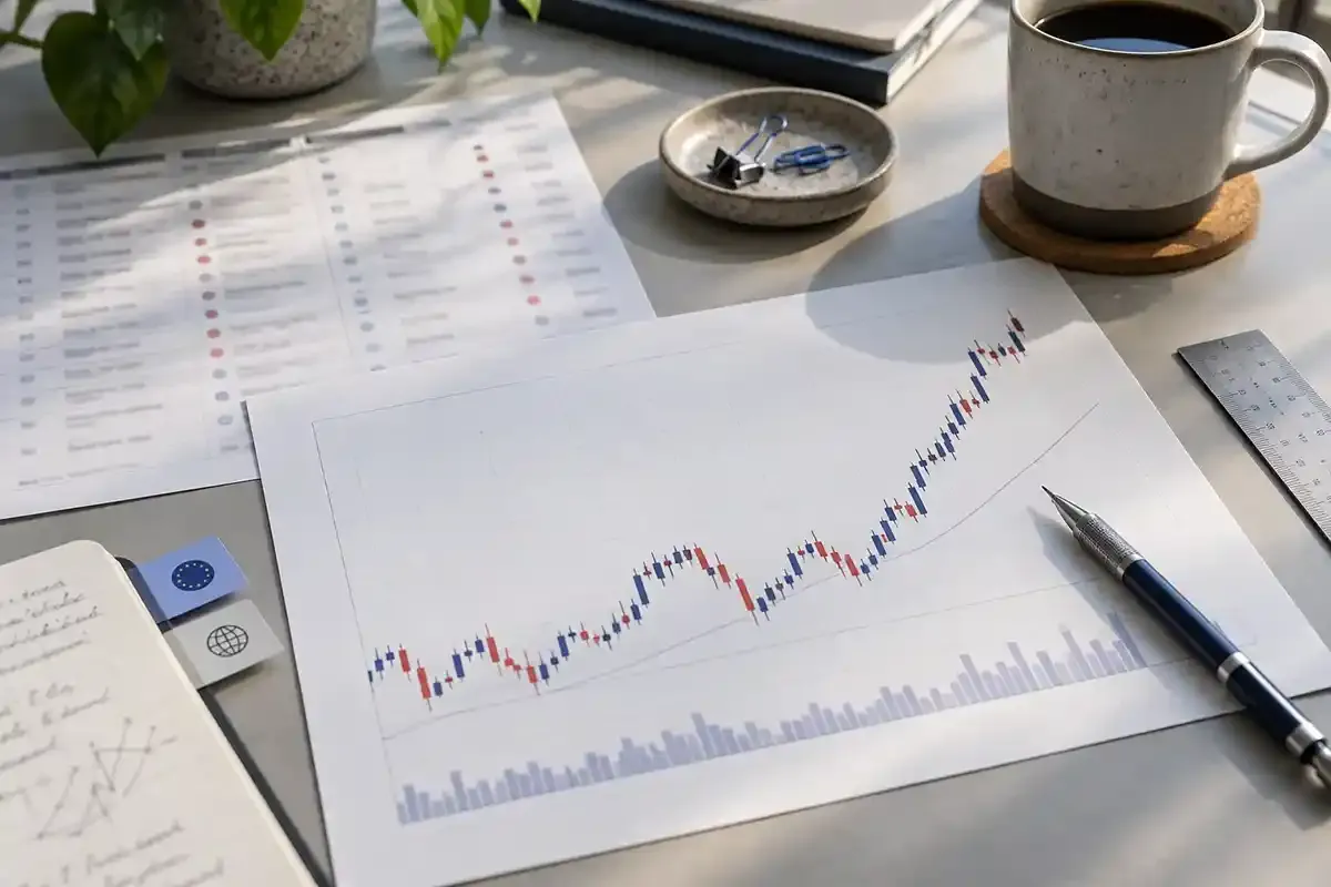 Printed candlestick chart, economic calendar, ruler and pencil arranged on a real daylight research desk