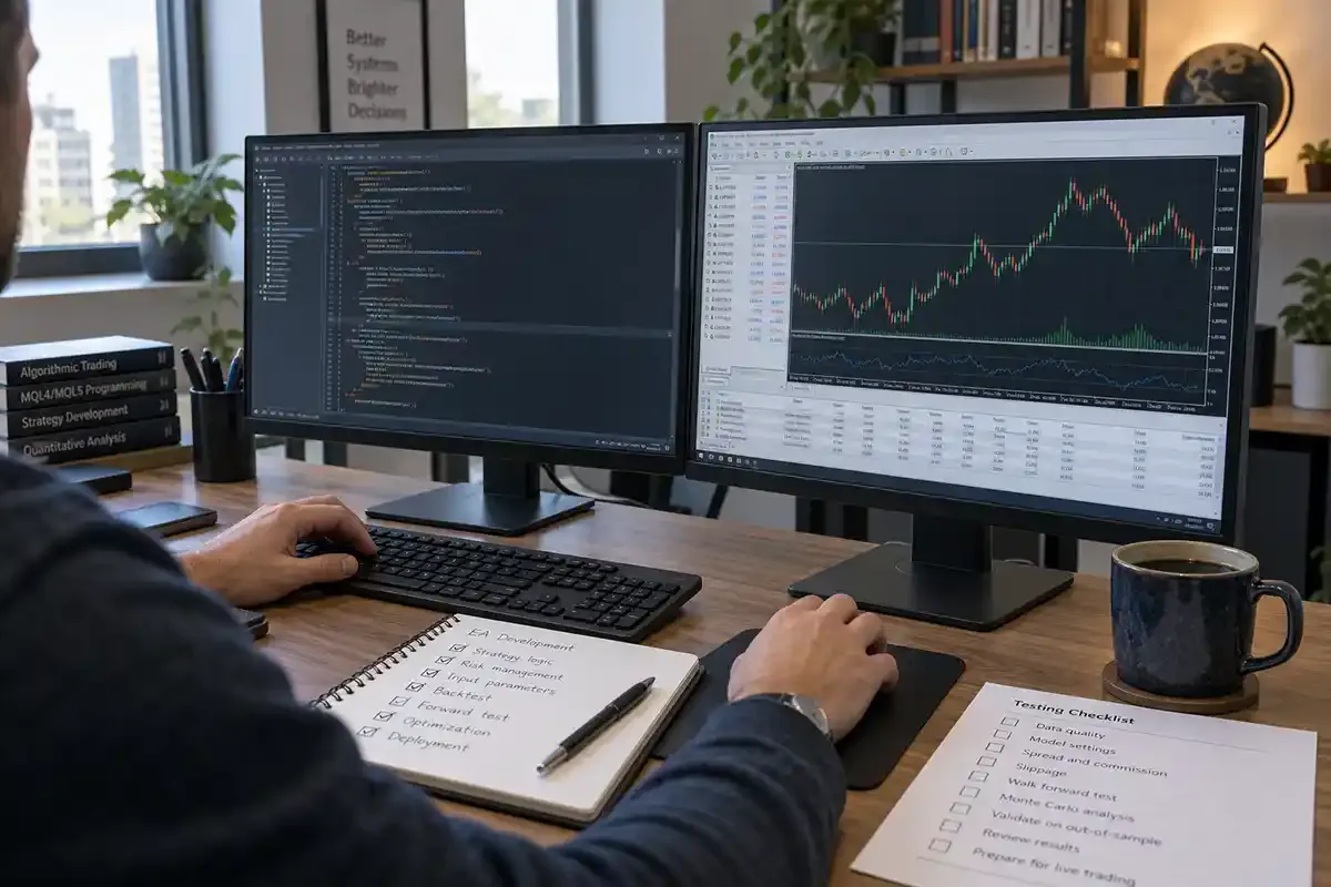 Real developer desk with generic code on one monitor, a trading terminal on another, printed test checklist and notebook