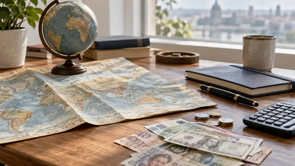 World map, globe, currency notes and calculator arranged on a real editorial desk