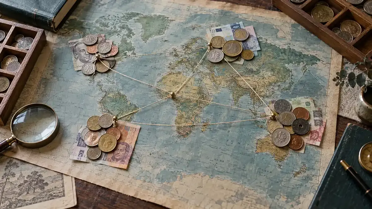 Four groups of international coins connected across a real vintage world map