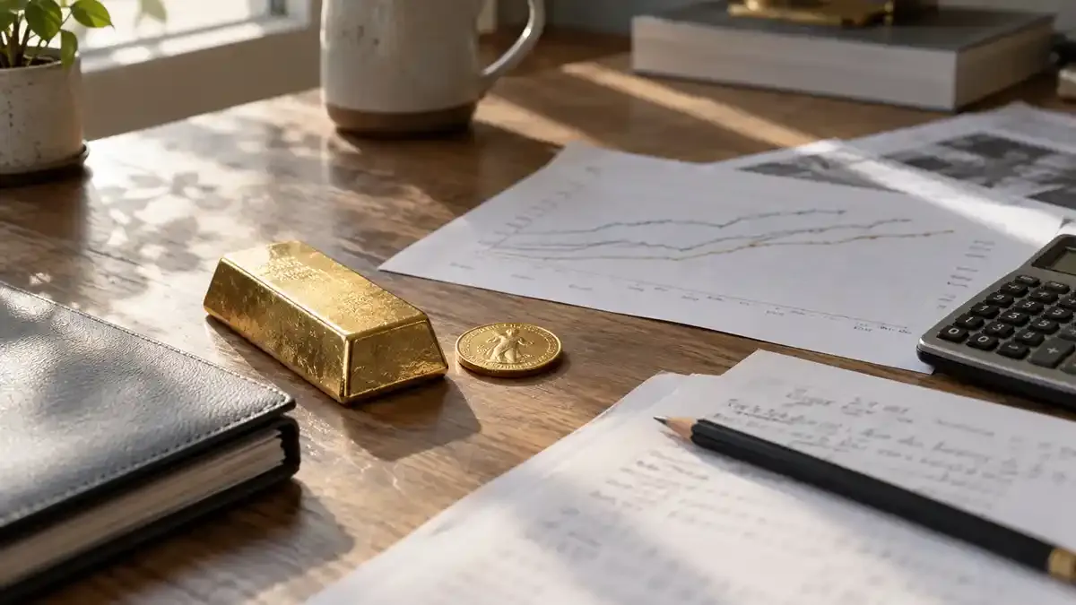 Gold bar and coin beside real bond-yield research on a natural analyst desk