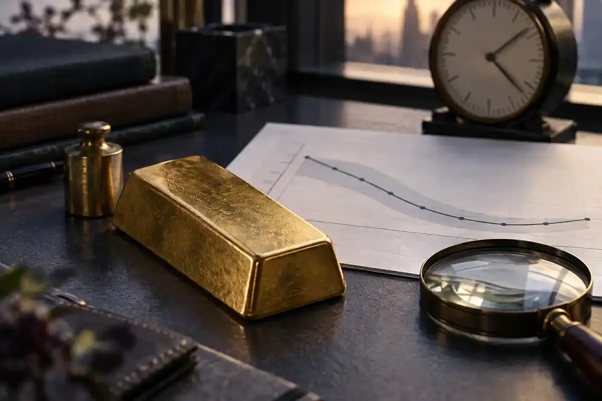 Unbranded gold bar, brass weight, rate-curve paper, magnifying glass and clock on a real institutional research desk