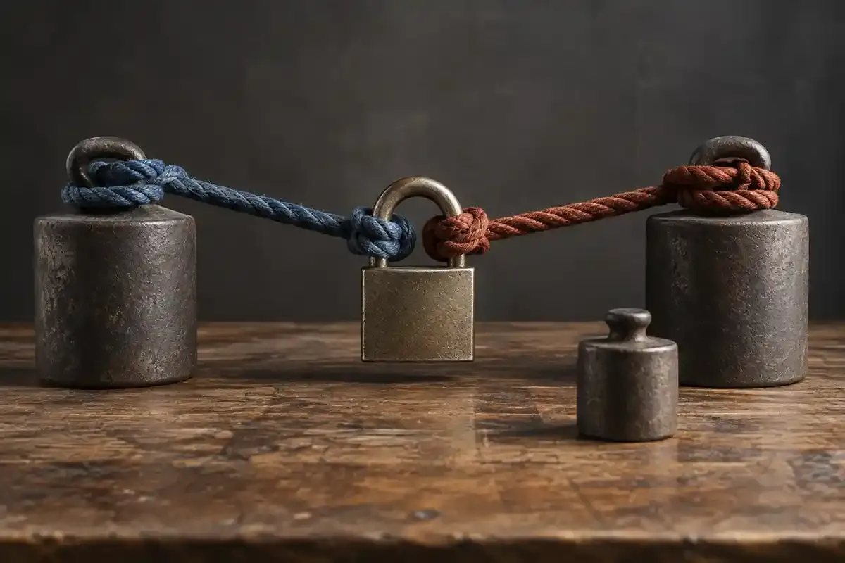 Two opposing weighted cords held by a real metal lock in a balanced editorial studio photograph