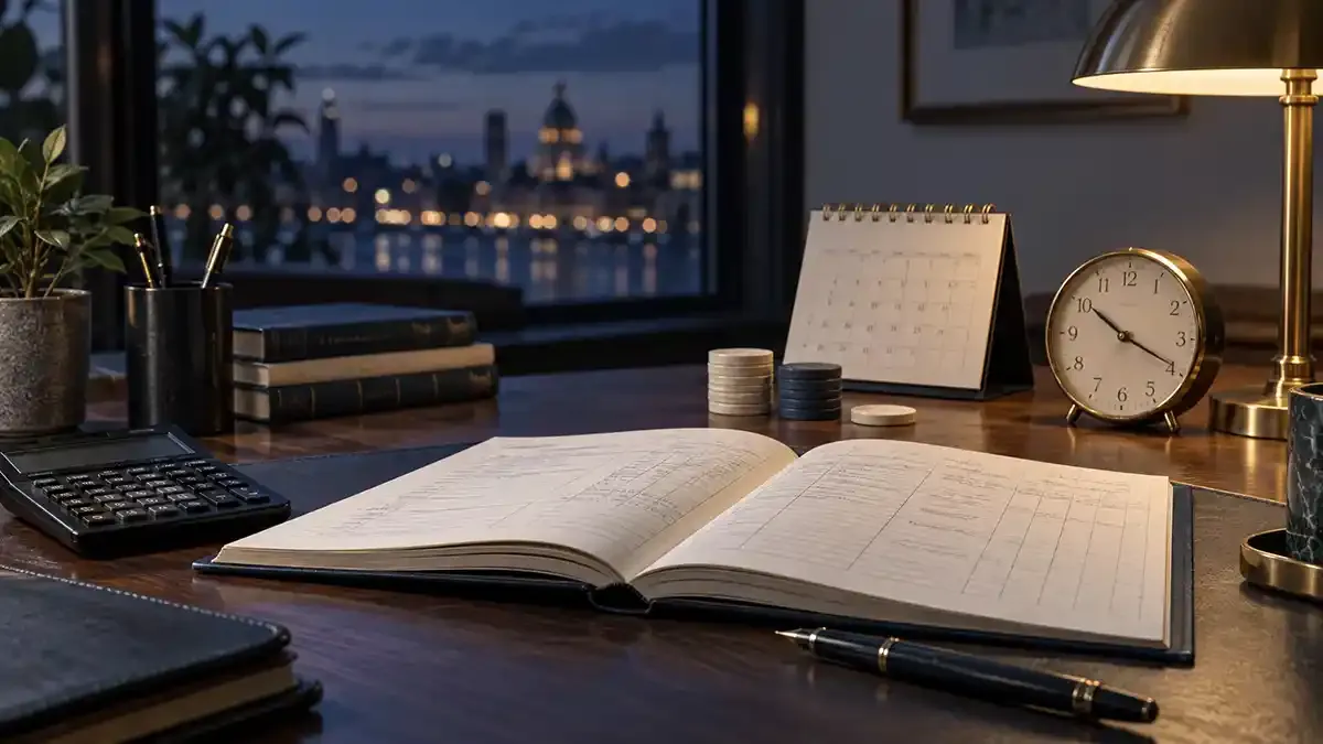 Evening ledger desk with calendar clock and separate counters for dividend and financing adjustments