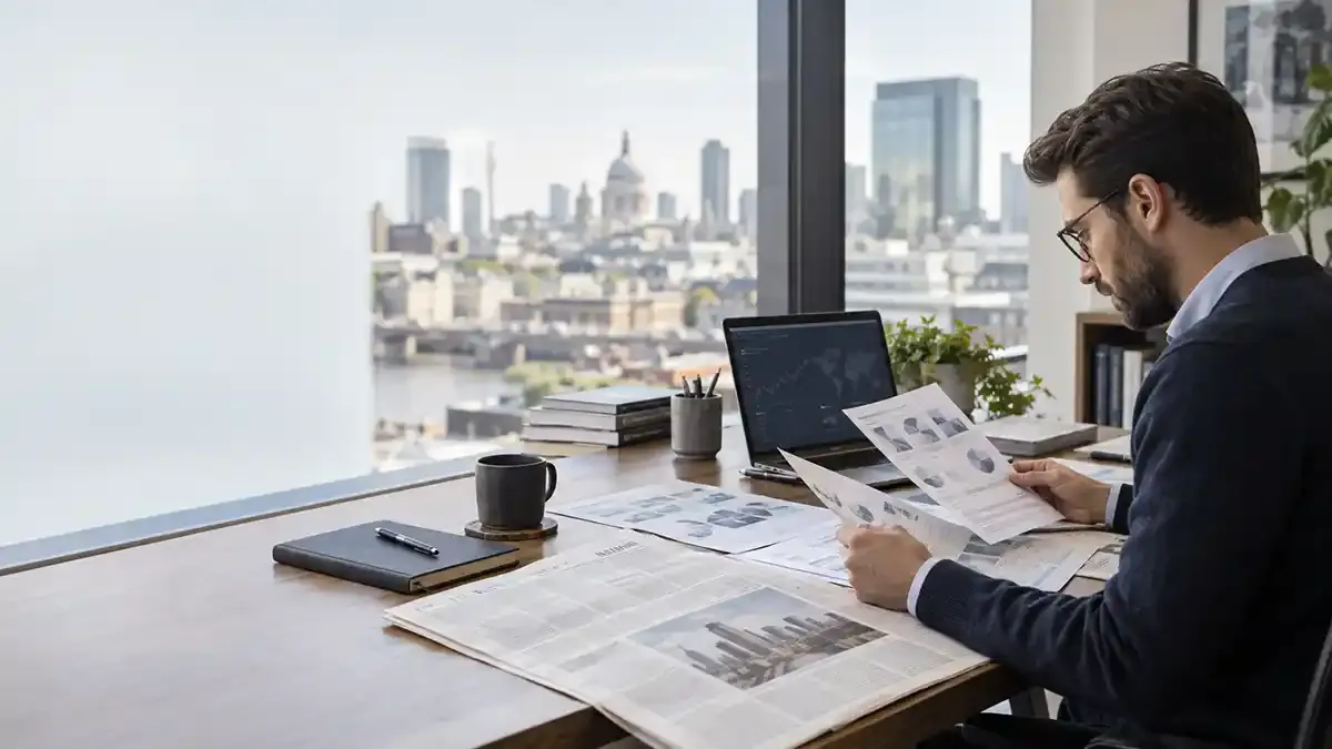 Analyst comparing company research and a broad-market benchmark at a real office desk