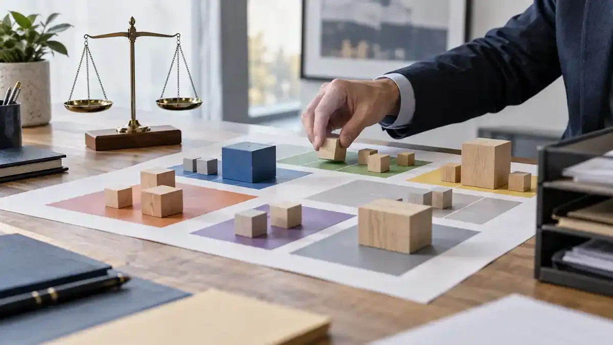 Analyst moving wooden constituent blocks between sector groups on a real worktable