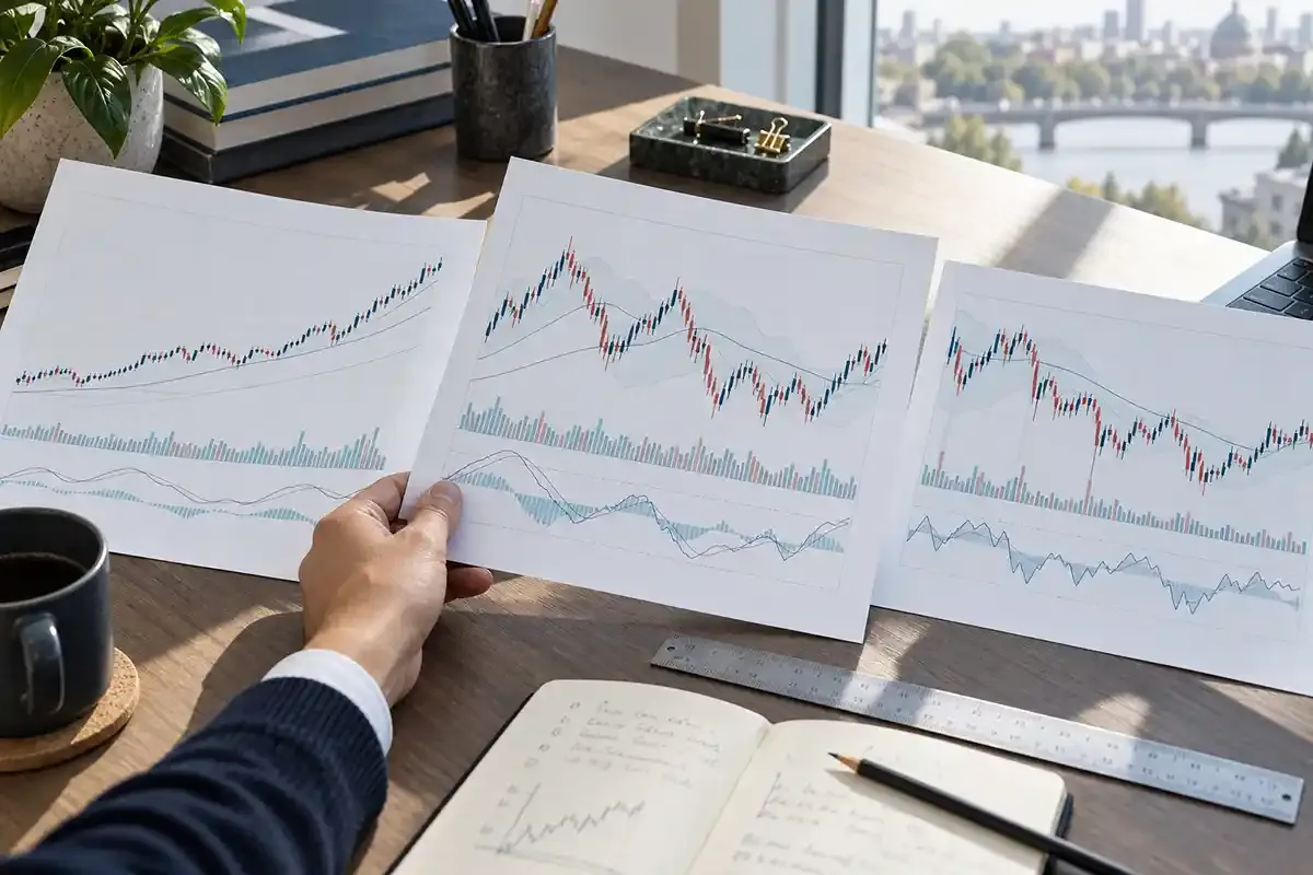 Real analyst desk with printed charts at several timeframes, transparent indicator overlays, ruler and pencil