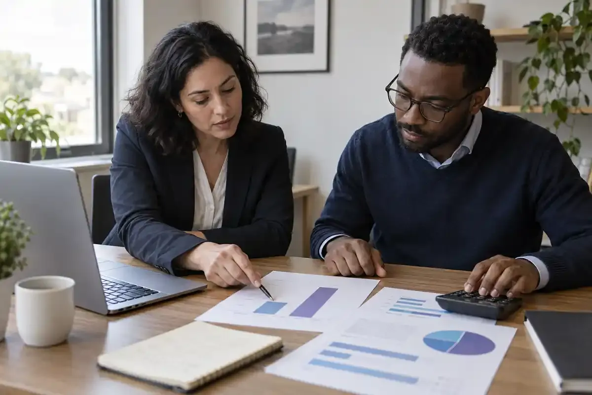 Two financial analysts comparing position exposure and margin on printed charts with a calculator