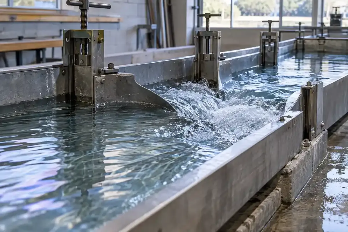 Real water flowing rapidly through narrowing adjustable steel gates in a daylight hydraulic workshop channel