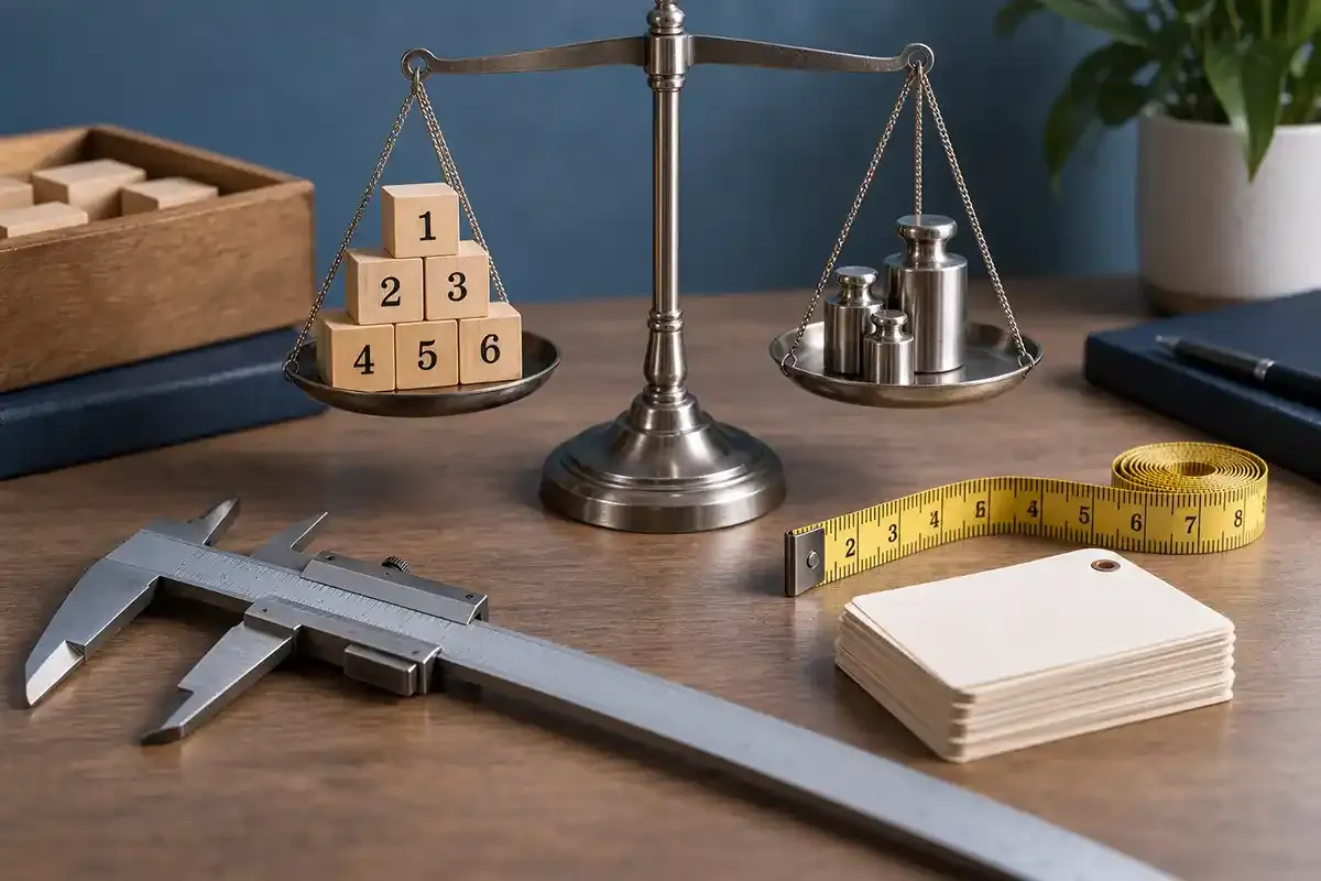 Precision scale, measuring tools and numbered trading blocks arranged as a realistic editorial still life