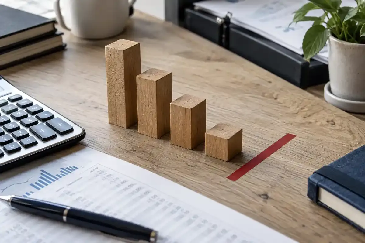 Real wooden balance blocks descending beside a calculator and printed trading ledger on a daylight office desk