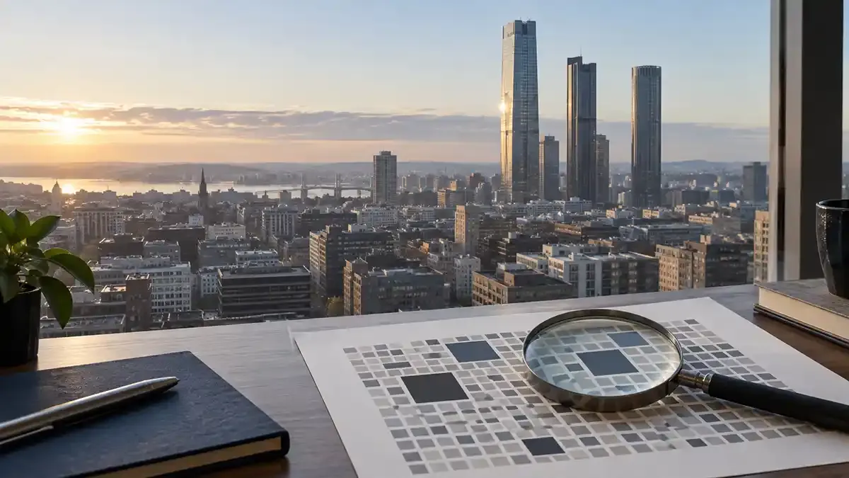City skyline dominated by a few tall towers above a desk mosaic representing many index constituents