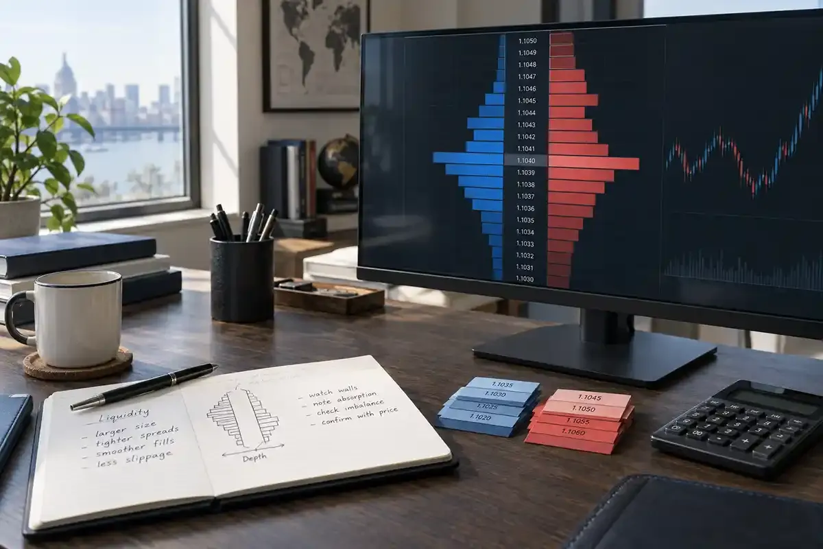Real editorial trading desk with a generic price ladder on screen, handwritten liquidity notes and layered bid-and-ask cards