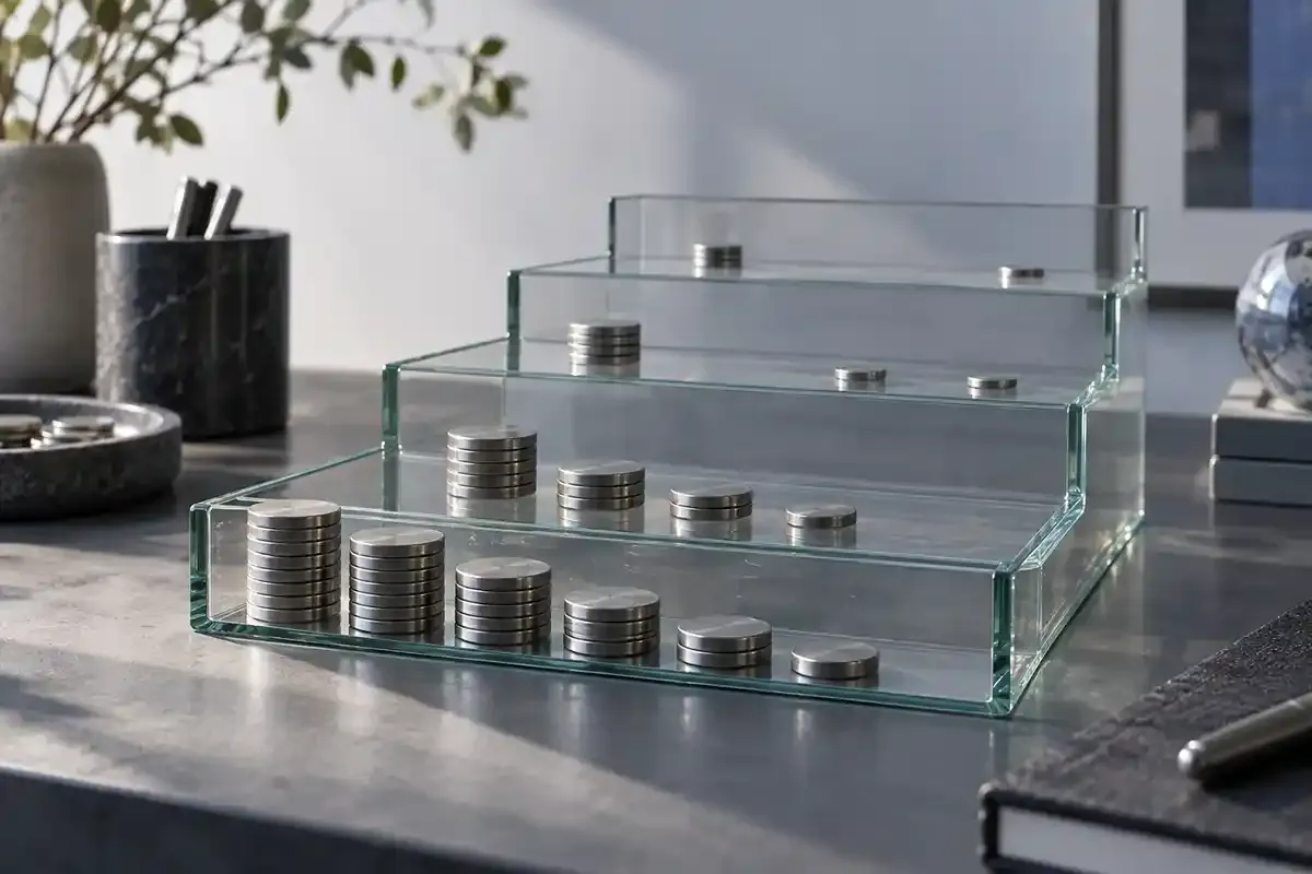 Stepped transparent glass trays holding fewer real metal tokens at each deeper level on a studio worktable
