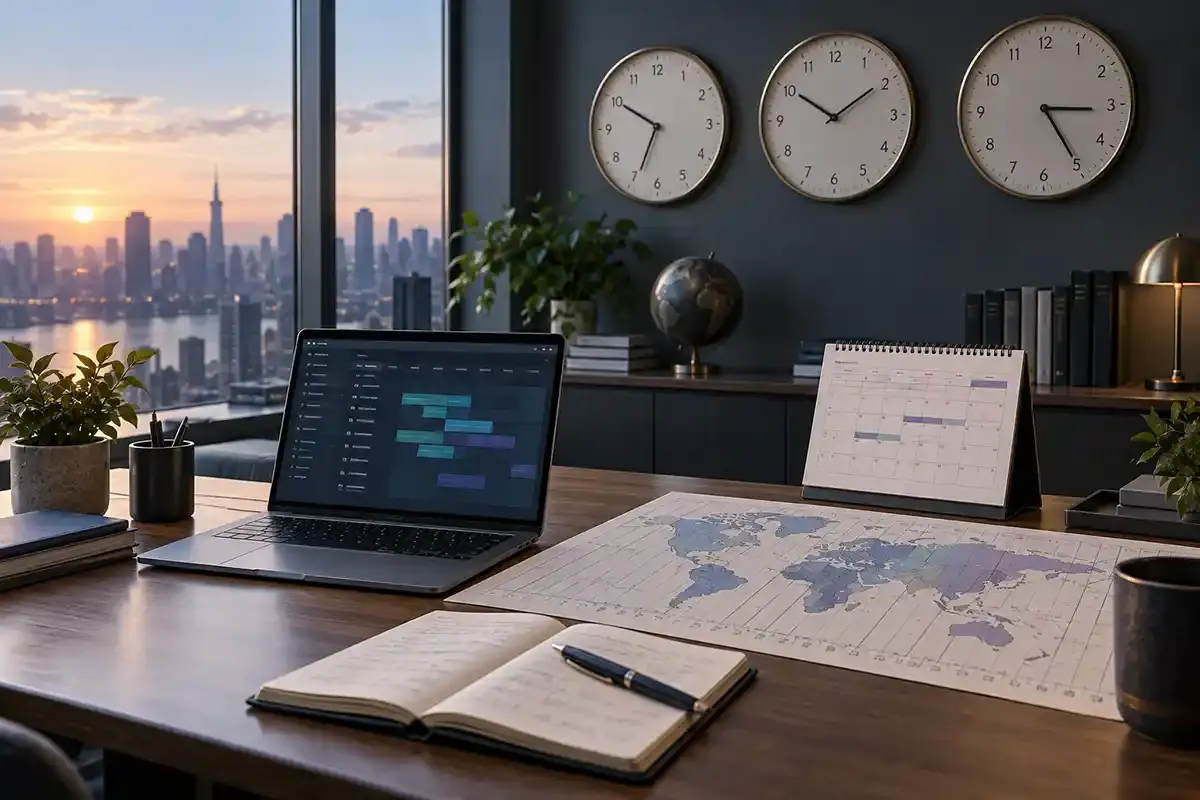 Mechanical world clocks, paper market schedule and laptop arranged on a realistic editorial desk