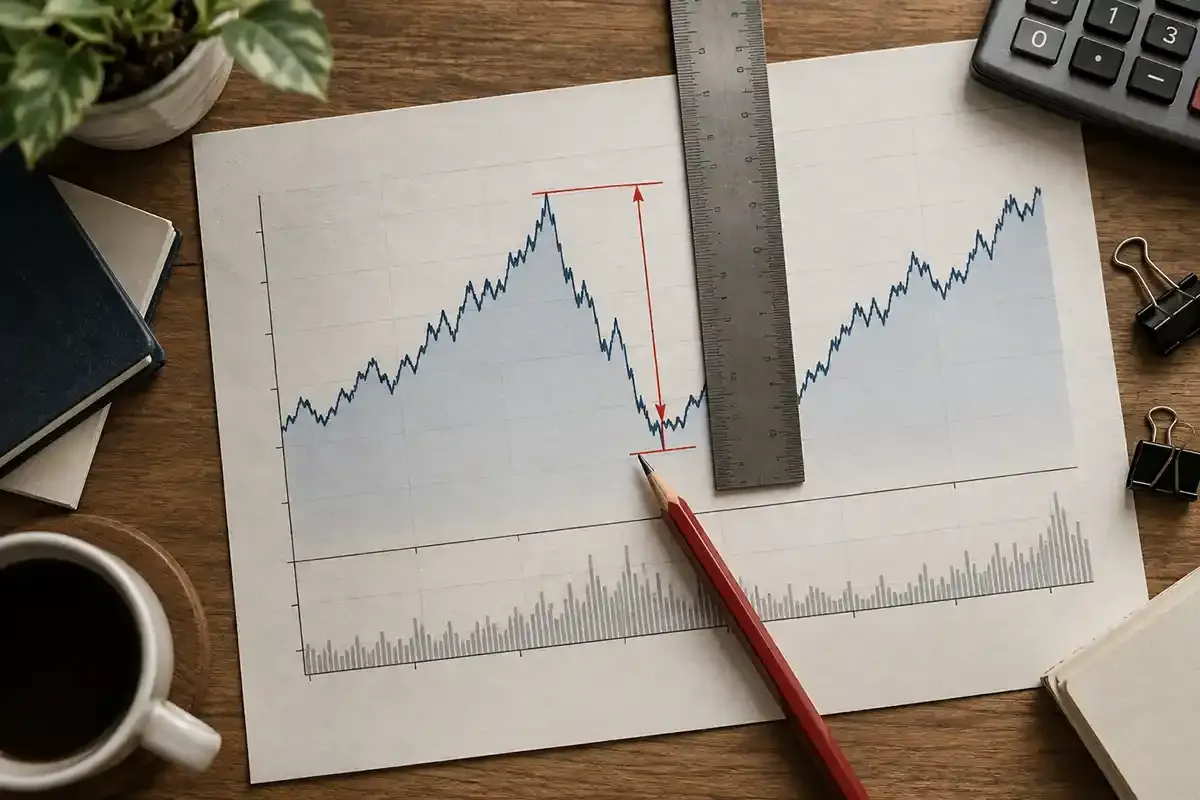 Real financial magazine still life with a printed falling equity curve, brass ruler, pencil and plain portfolio cards on a dark wooden desk