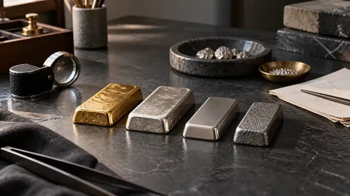Gold, silver, platinum and palladium samples arranged on a real metals assay workbench
