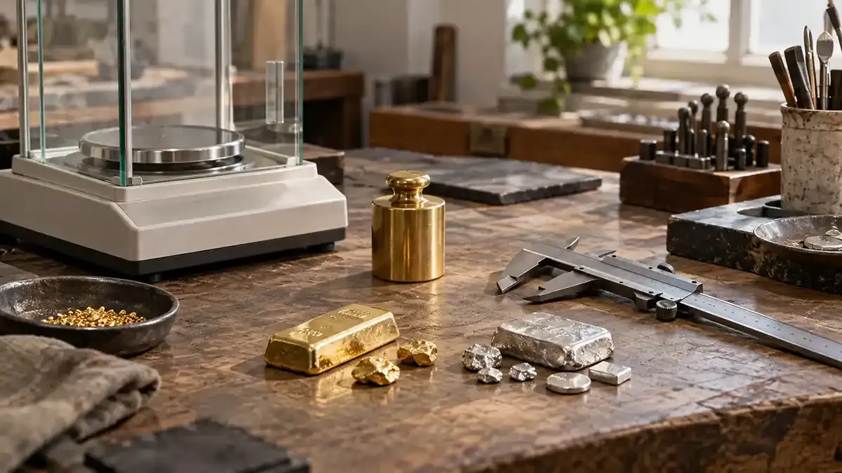 Precision balance, troy weight, calipers and precious-metal samples on a real assay bench