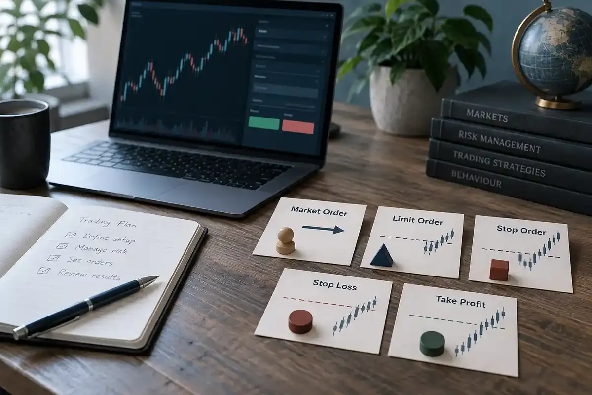Real desk with a generic MetaTrader-style order window, printed price levels and physical order cards for market, limit and stop instructions