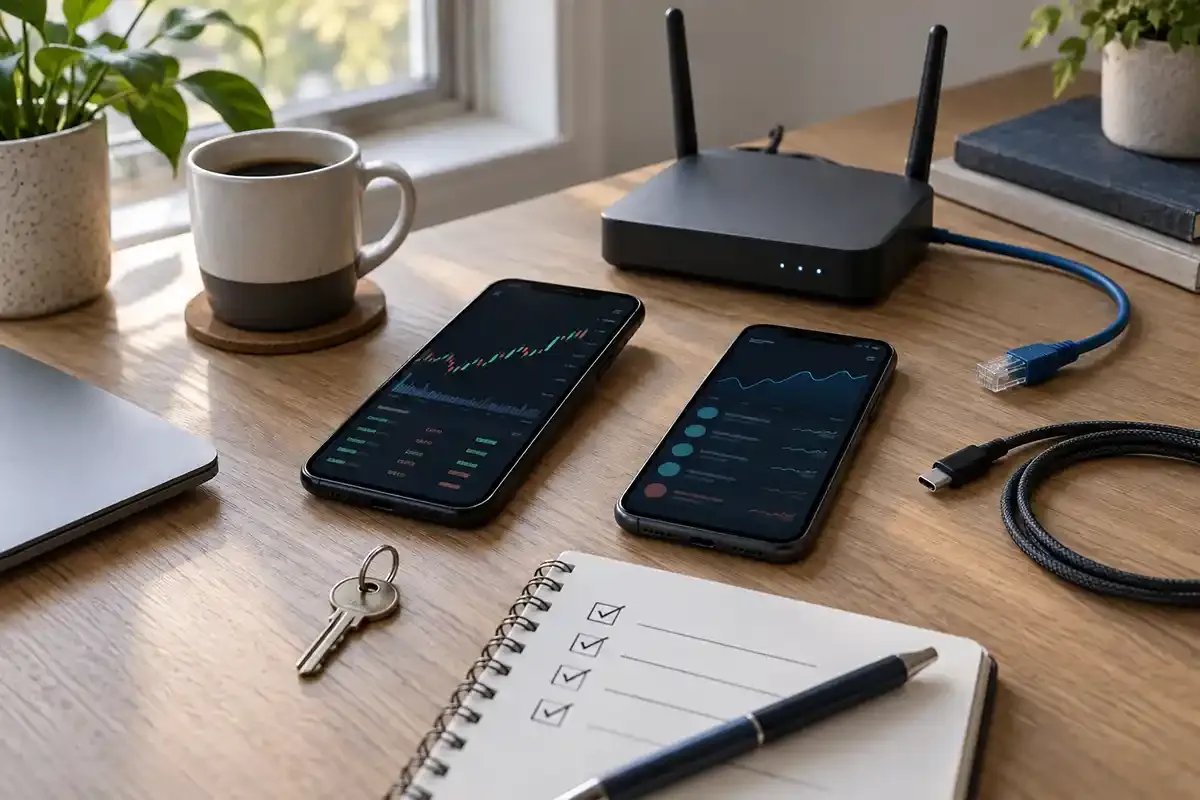 Real editorial flat lay with two smartphones, a home router, charging cable, metal key and handwritten mobile security checklist